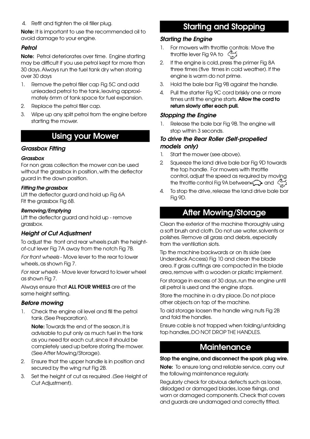 Qualcast 16/18 manual Using your Mower, Starting and Stopping, After Mowing/Storage, Maintenance 