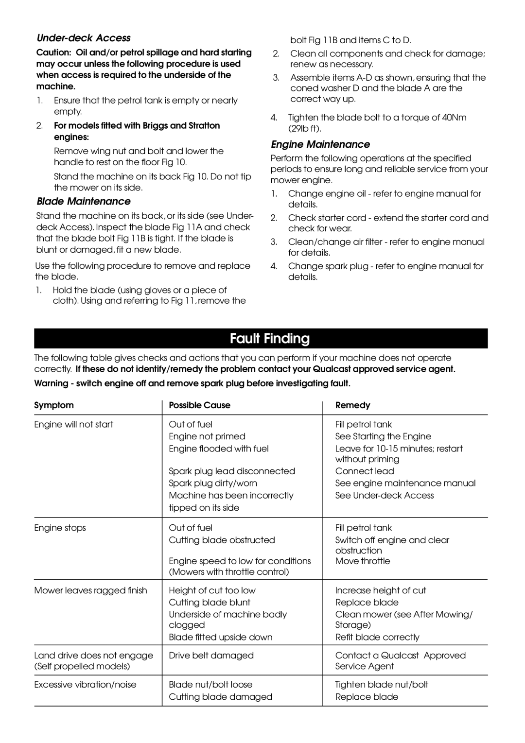 Qualcast 16/18 manual Fault Finding, Under-deck Access, Blade Maintenance, Engine Maintenance 