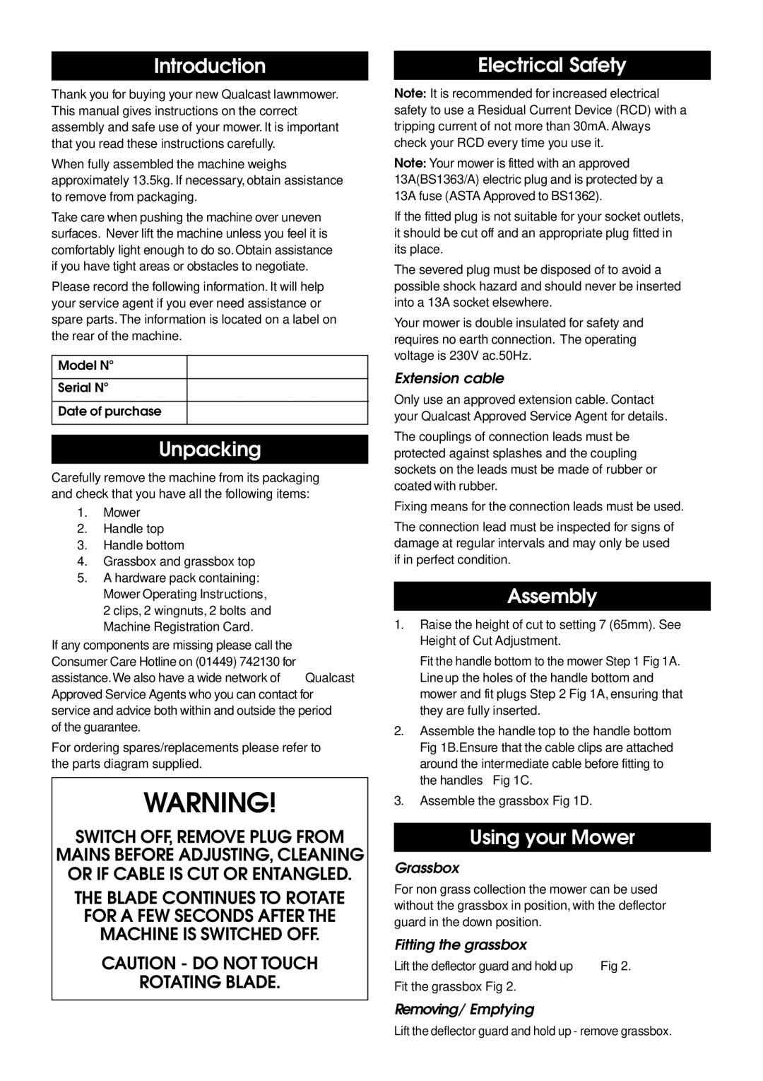 Qualcast Cobra 32 manual Introduction, Unpacking, Electrical Safety, Assembly, Using your Mower 