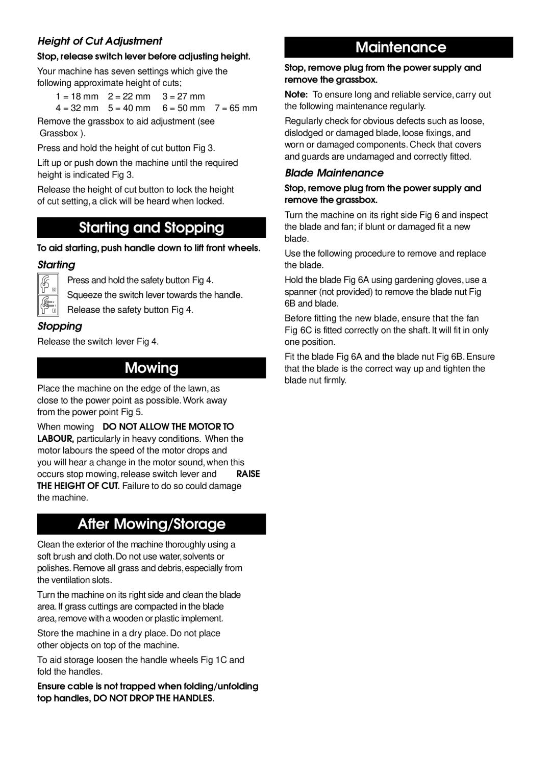 Qualcast Cobra 32 manual Starting and Stopping, After Mowing/Storage, Maintenance 