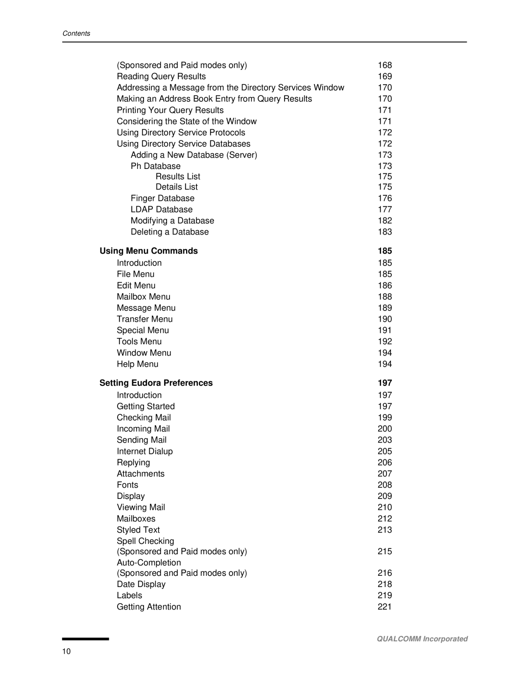 Qualcomm 4.3 user manual Using Menu Commands 185, Setting Eudora Preferences 197 