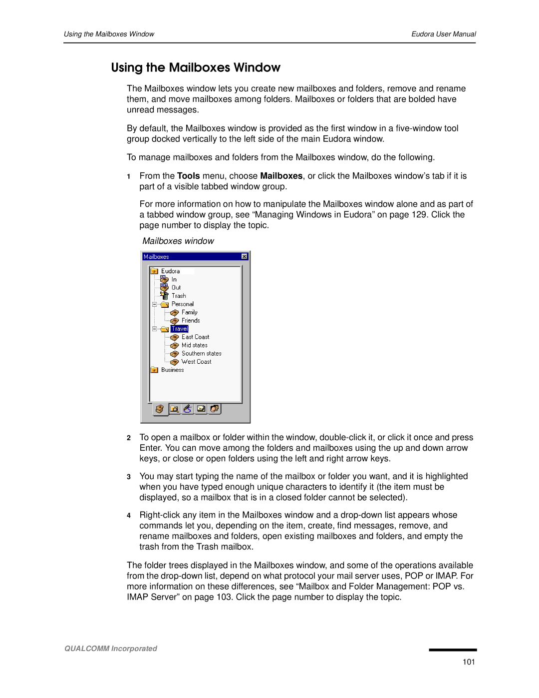 Qualcomm 4.3 user manual Using the Mailboxes Window, Mailboxes window 