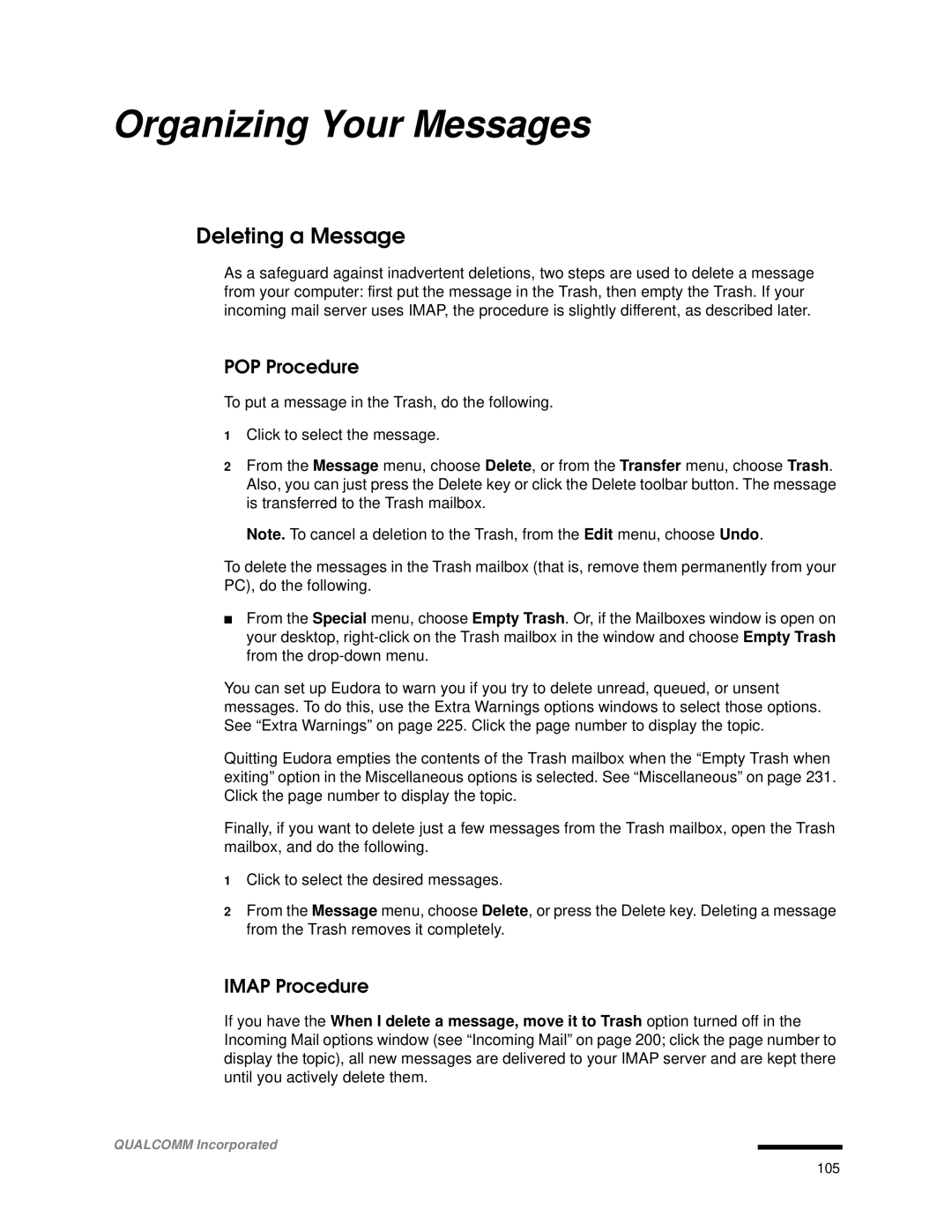 Qualcomm 4.3 user manual Organizing Your Messages, Deleting a Message, POP Procedure, Imap Procedure 