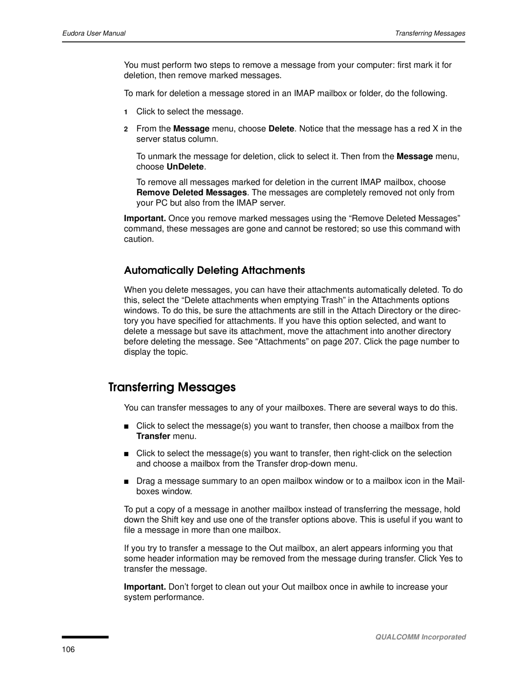 Qualcomm 4.3 user manual Transferring Messages, Automatically Deleting Attachments 