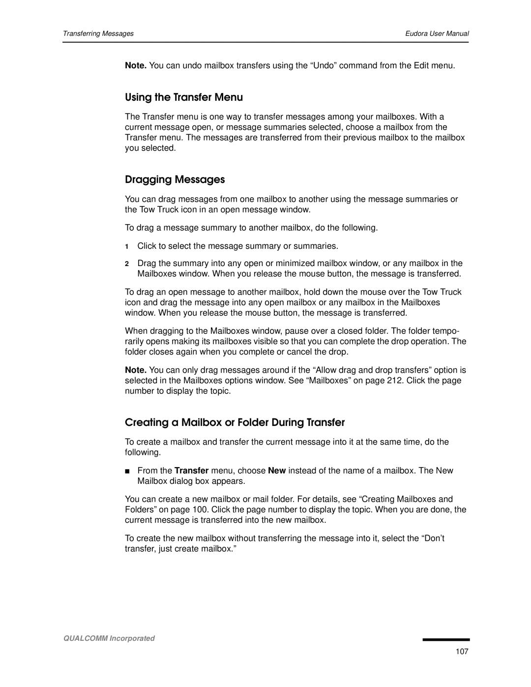 Qualcomm 4.3 user manual Using the Transfer Menu, Dragging Messages, Creating a Mailbox or Folder During Transfer 