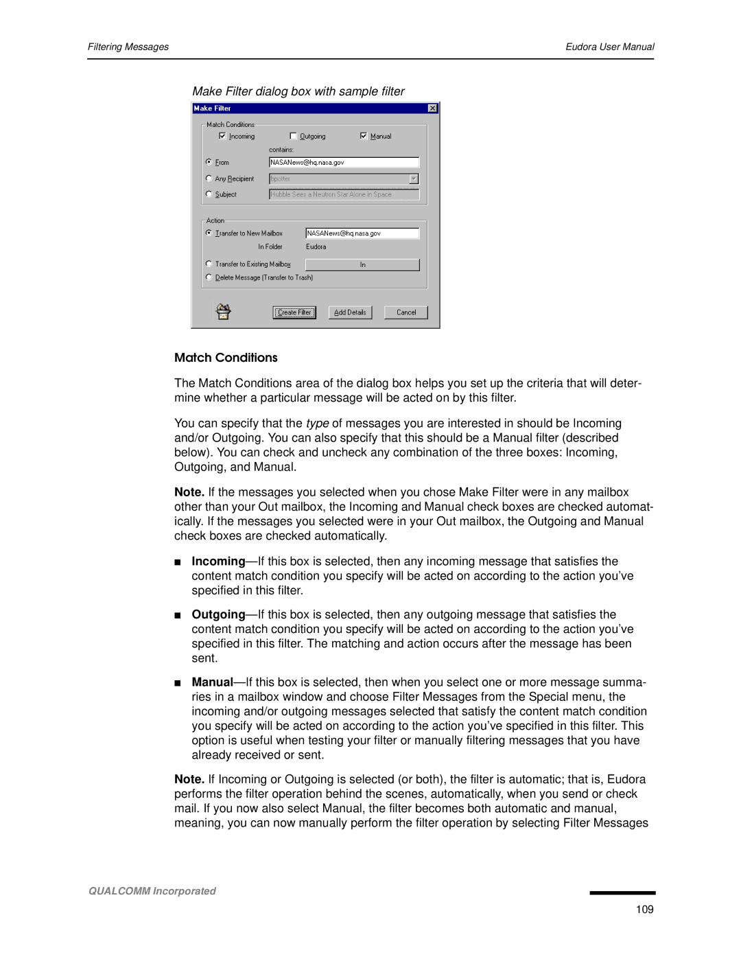 Qualcomm 4.3 user manual Make Filter dialog box with sample filter 