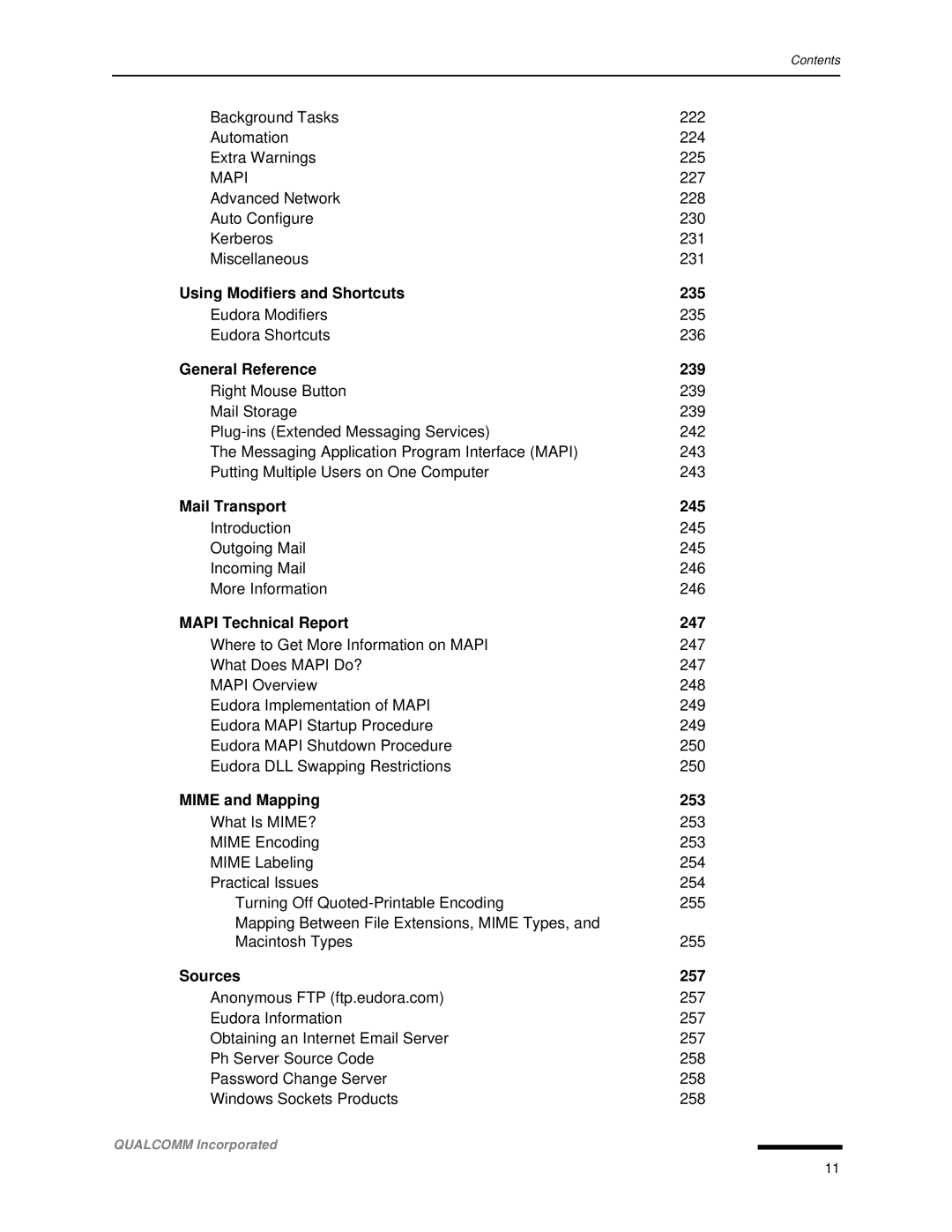 Qualcomm 4.3 Using Modifiers and Shortcuts 235, General Reference 239, Mail Transport 245, Mapi Technical Report 247 