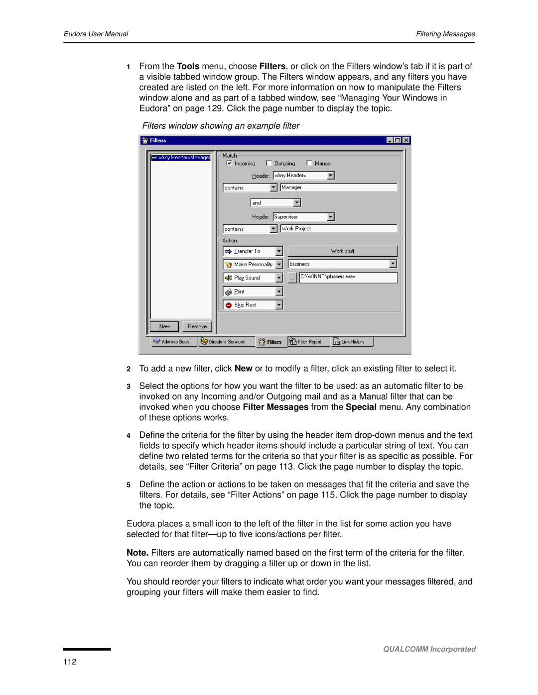 Qualcomm 4.3 user manual Filters window showing an example filter 