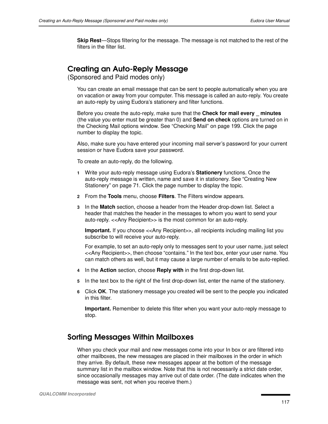 Qualcomm 4.3 user manual Creating an Auto-Reply Message, Sorting Messages Within Mailboxes 