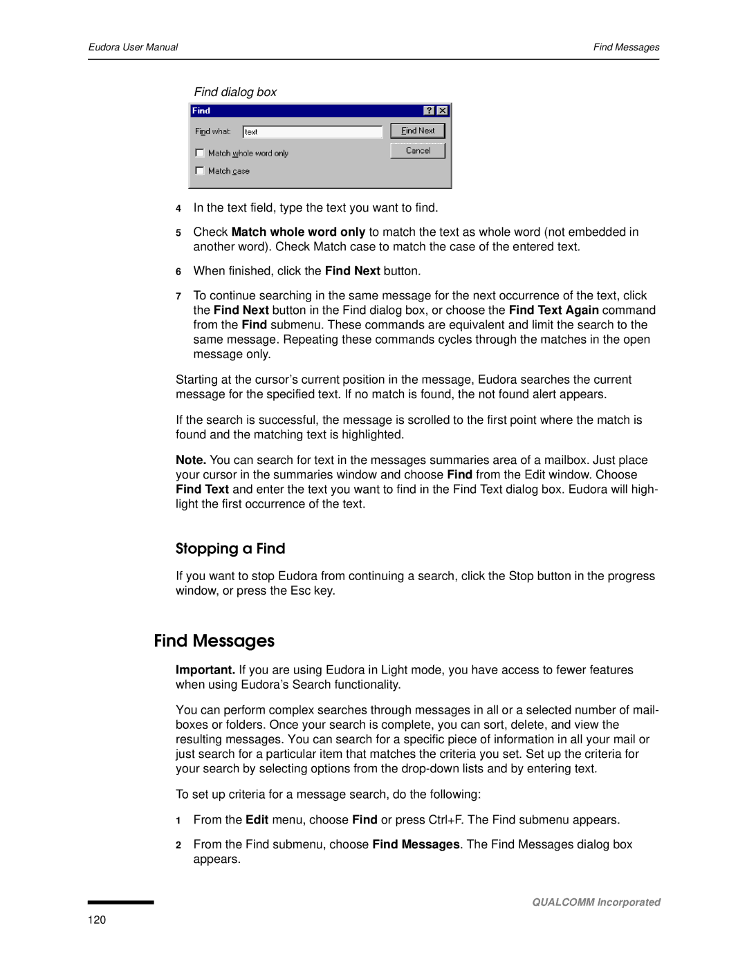 Qualcomm 4.3 user manual Find Messages, Stopping a Find, Find dialog box 