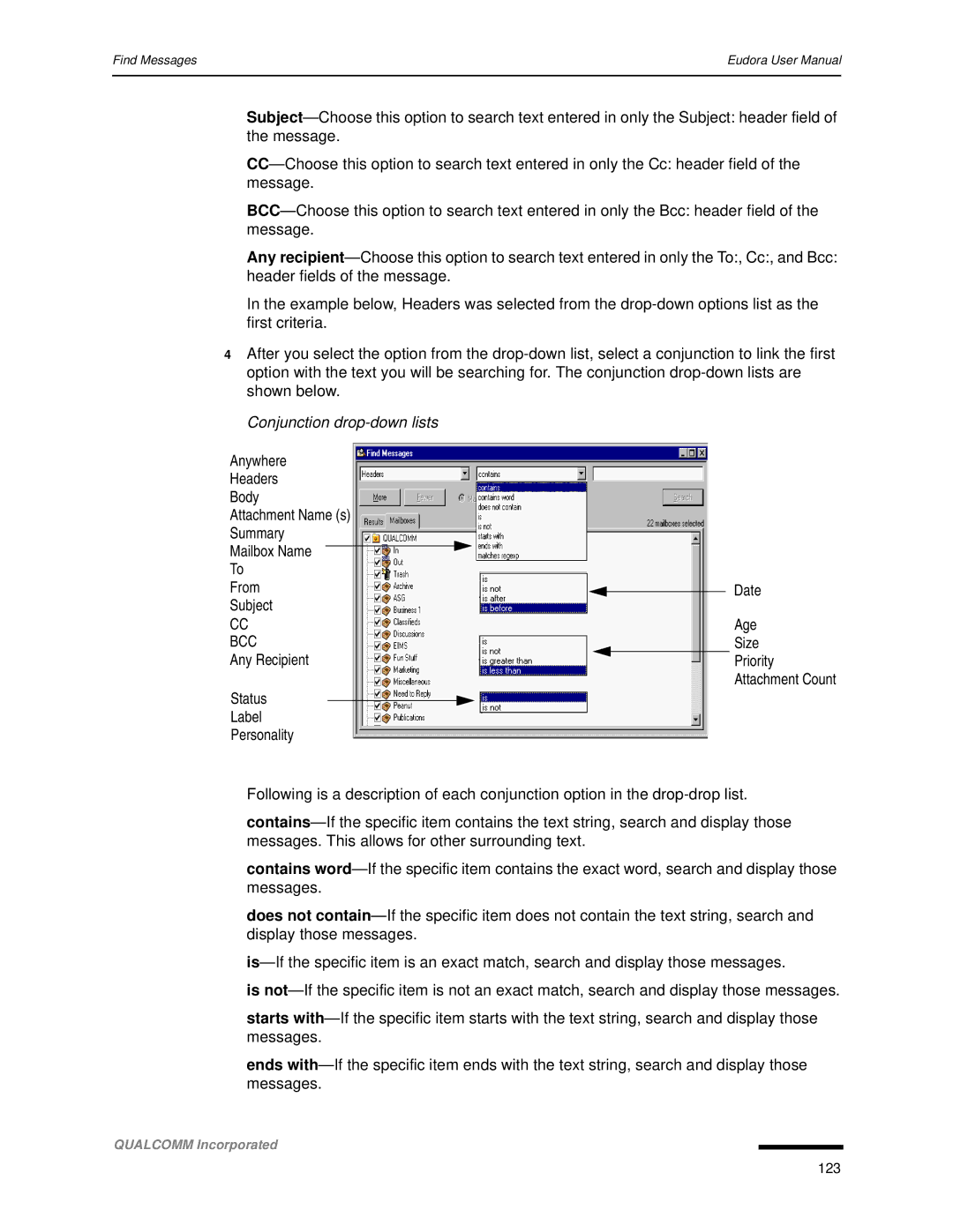 Qualcomm 4.3 user manual Conjunction drop-down lists, Bcc 