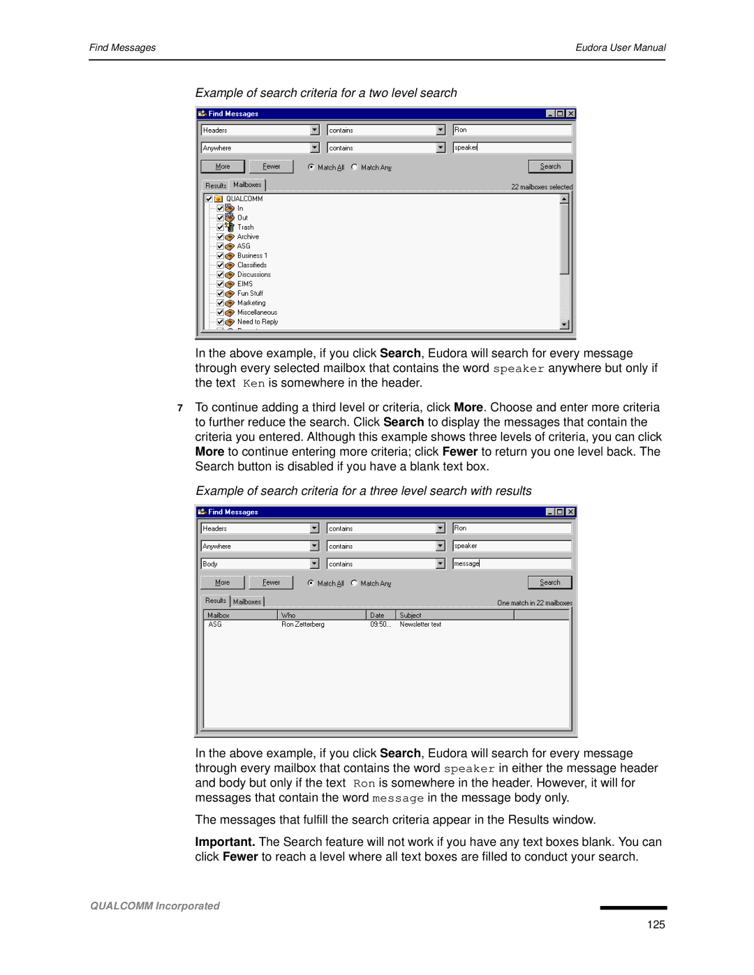 Qualcomm 4.3 user manual Example of search criteria for a two level search 