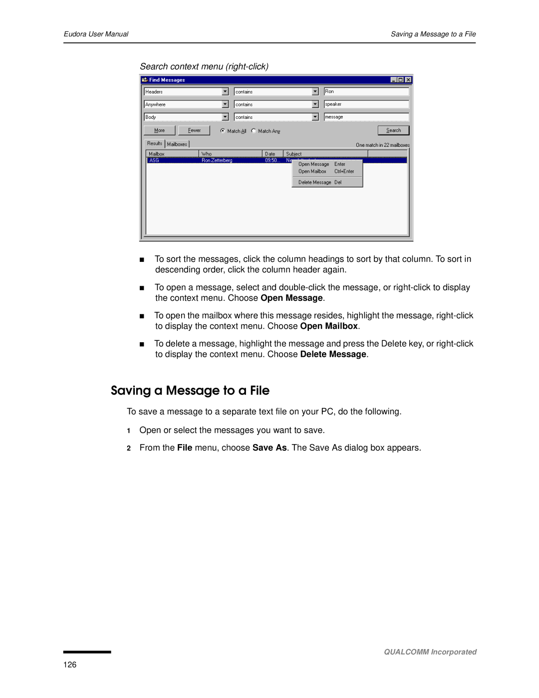 Qualcomm 4.3 user manual Saving a Message to a File, Search context menu right-click 