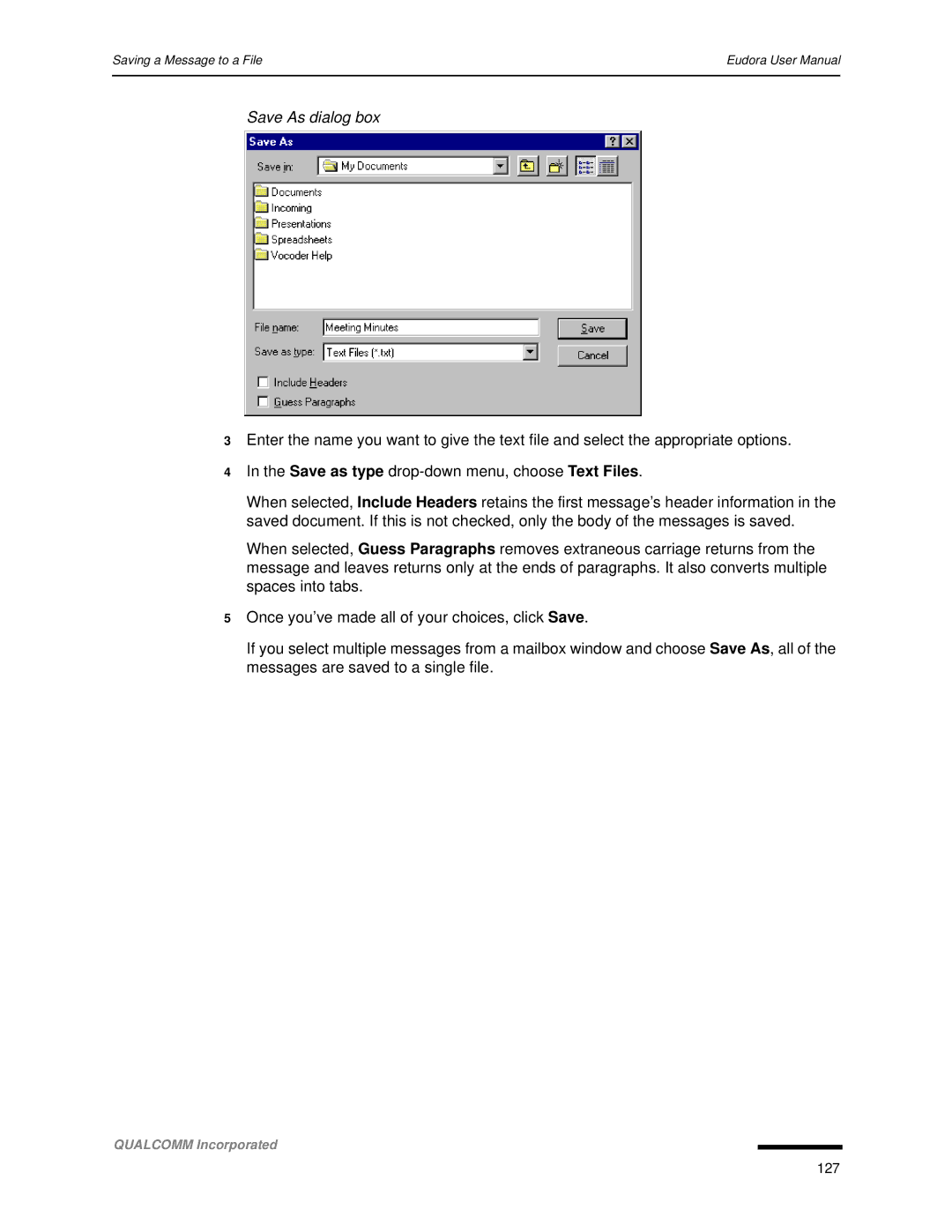 Qualcomm 4.3 user manual Save As dialog box 