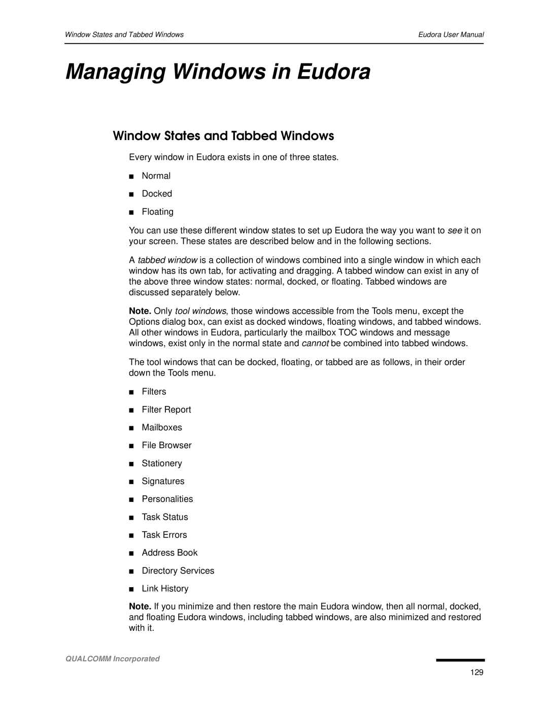 Qualcomm 4.3 user manual Managing Windows in Eudora, Window States and Tabbed Windows 