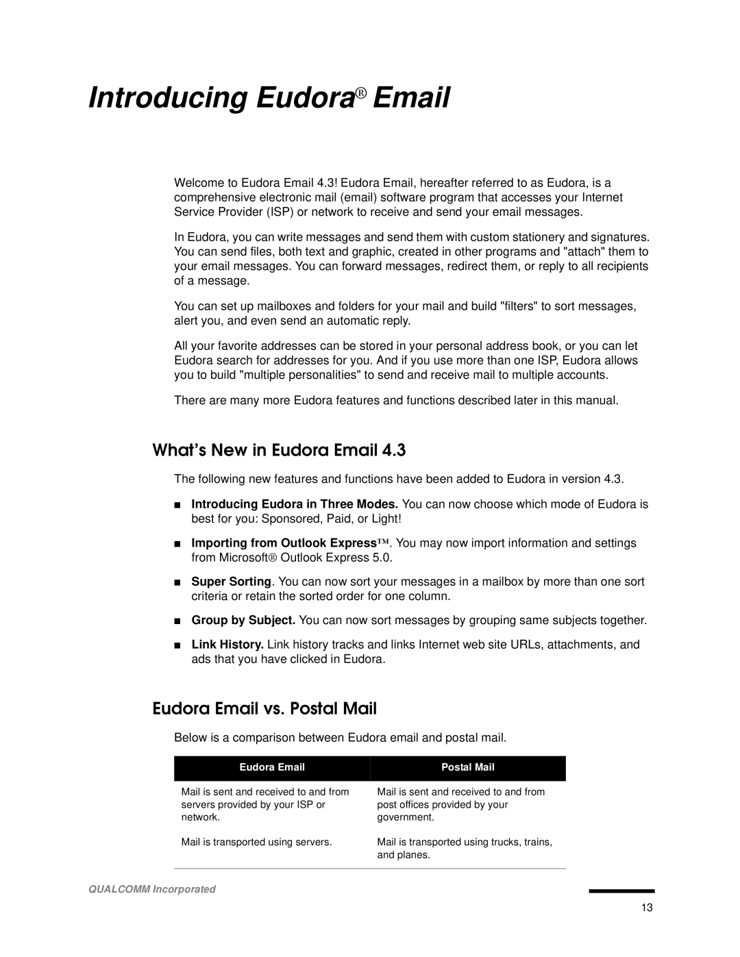 Qualcomm 4.3 user manual Introducing Eudora Email, What’s New in Eudora Email, Eudora Email vs. Postal Mail 