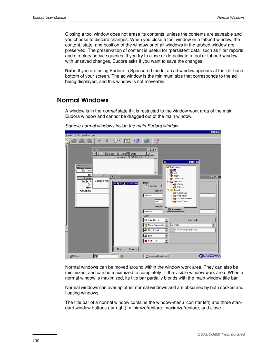 Qualcomm 4.3 user manual Normal Windows, Sample normal windows inside the main Eudora window 