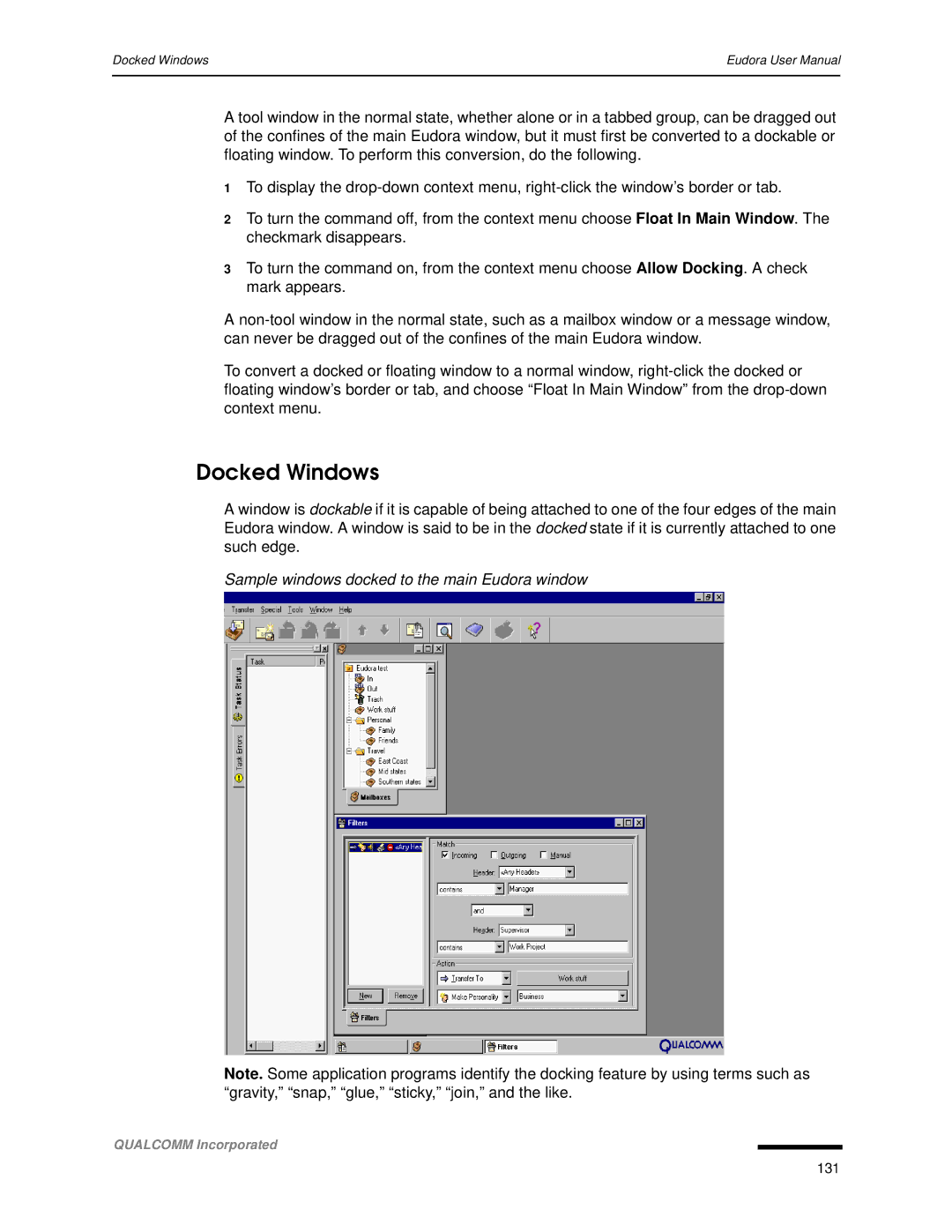 Qualcomm 4.3 user manual Docked Windows, Sample windows docked to the main Eudora window 