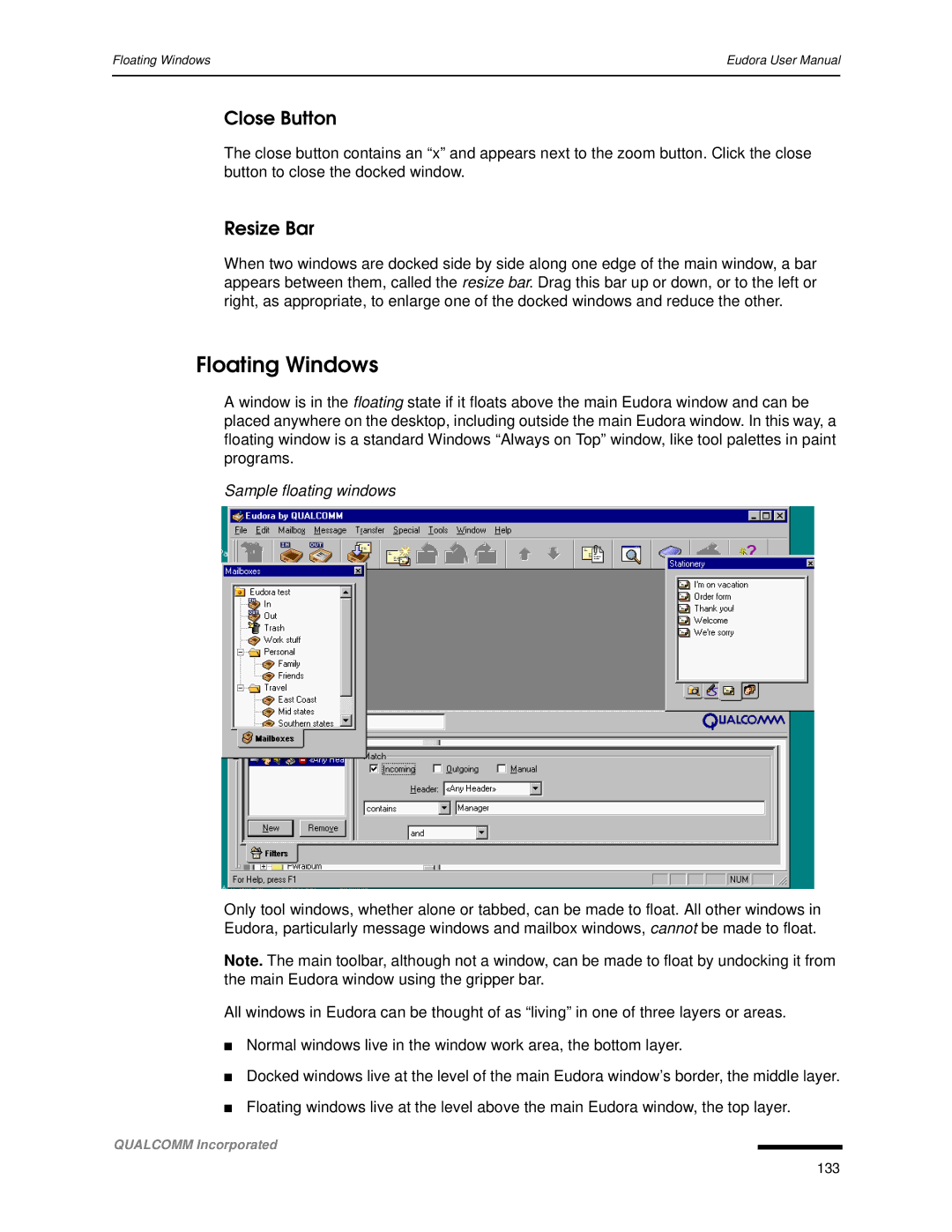 Qualcomm 4.3 user manual Floating Windows, Close Button, Resize Bar, Sample floating windows 