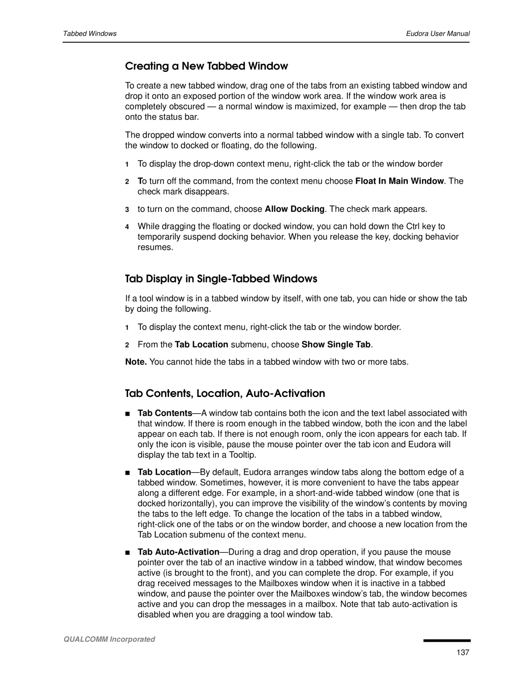 Qualcomm 4.3 Creating a New Tabbed Window, Tab Display in Single-Tabbed Windows, Tab Contents, Location, Auto-Activation 