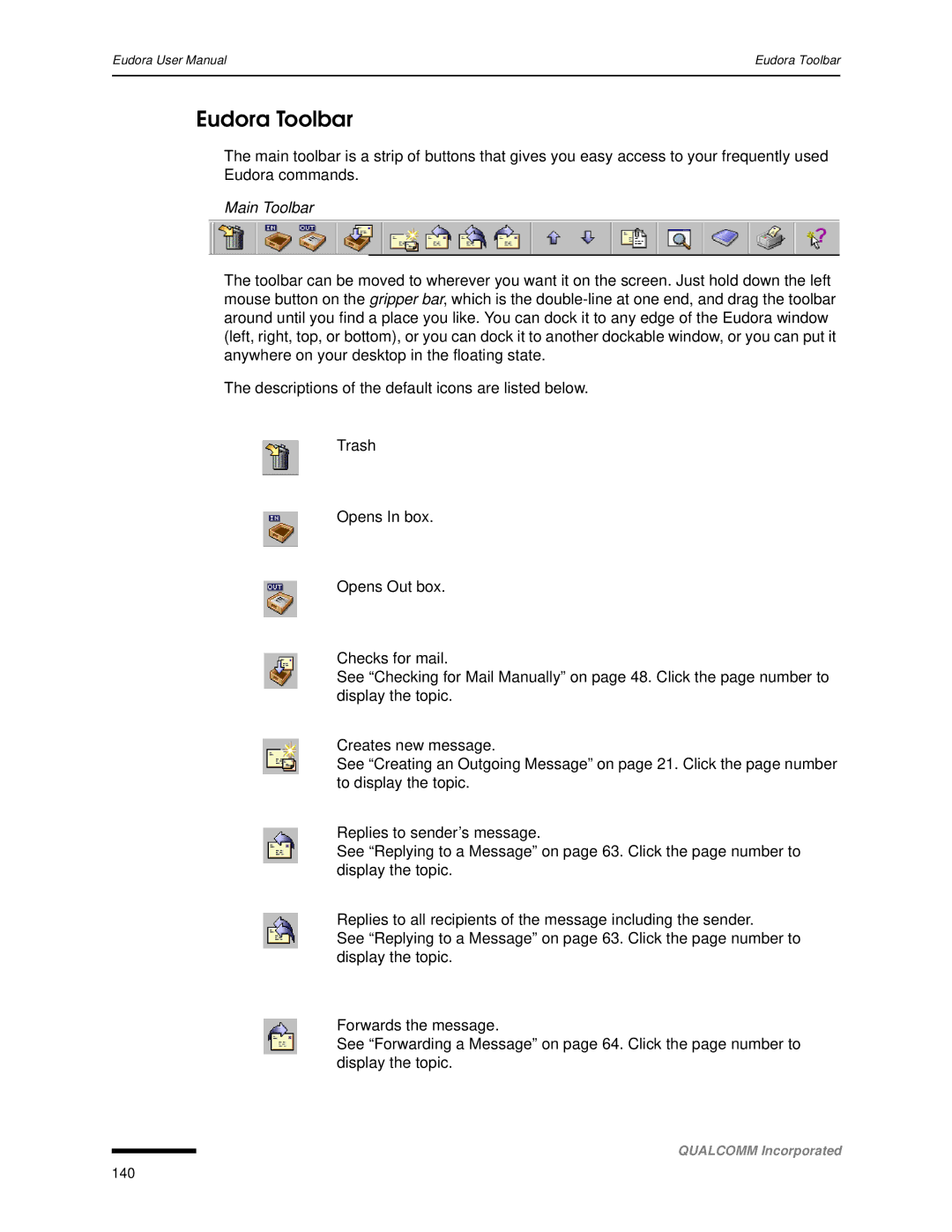 Qualcomm 4.3 user manual Eudora Toolbar, Main Toolbar 