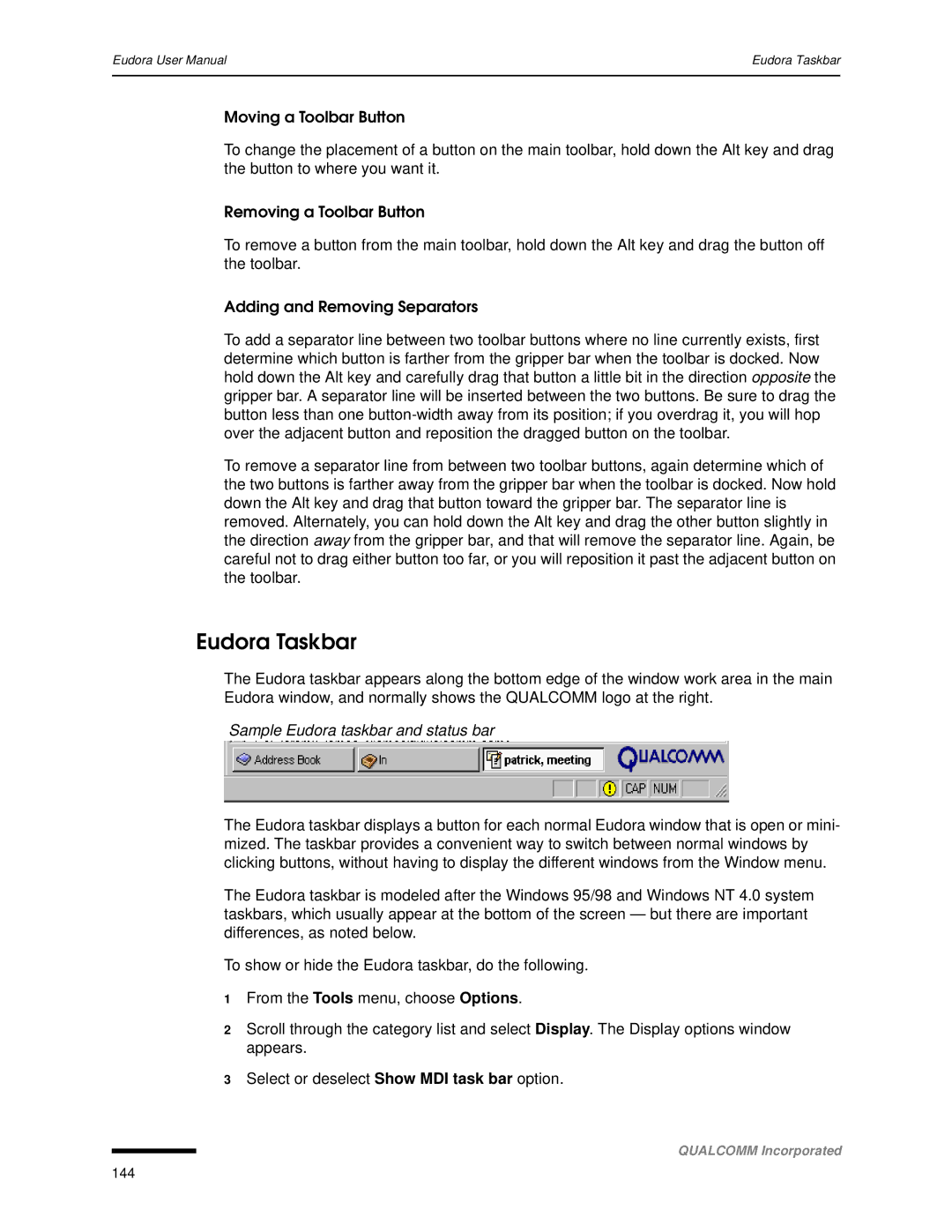 Qualcomm 4.3 user manual Eudora Taskbar, Sample Eudora taskbar and status bar 