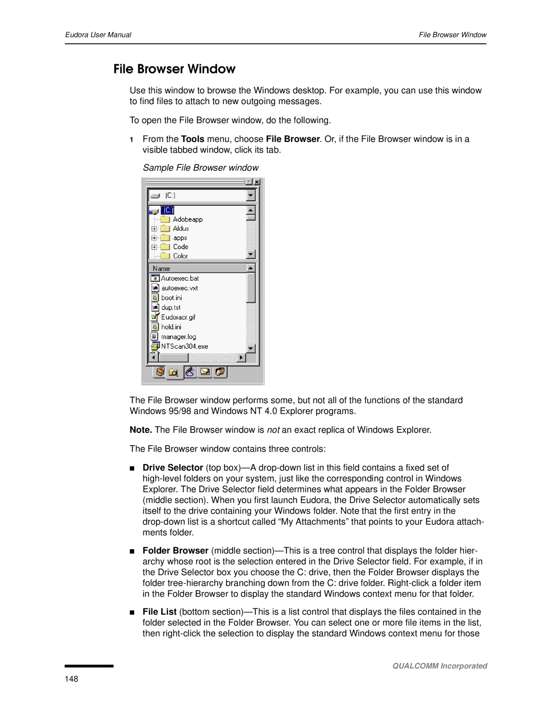 Qualcomm 4.3 user manual File Browser Window, Sample File Browser window 