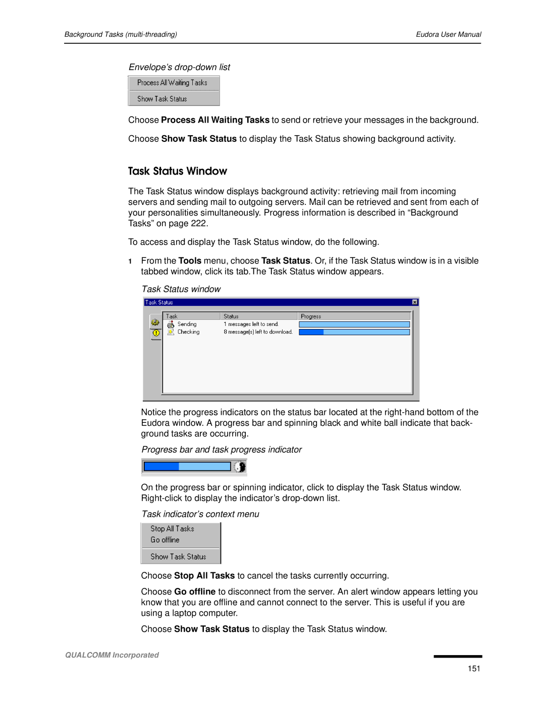 Qualcomm 4.3 Task Status Window, Envelope’s drop-down list, Task Status window Progress bar and task progress indicator 