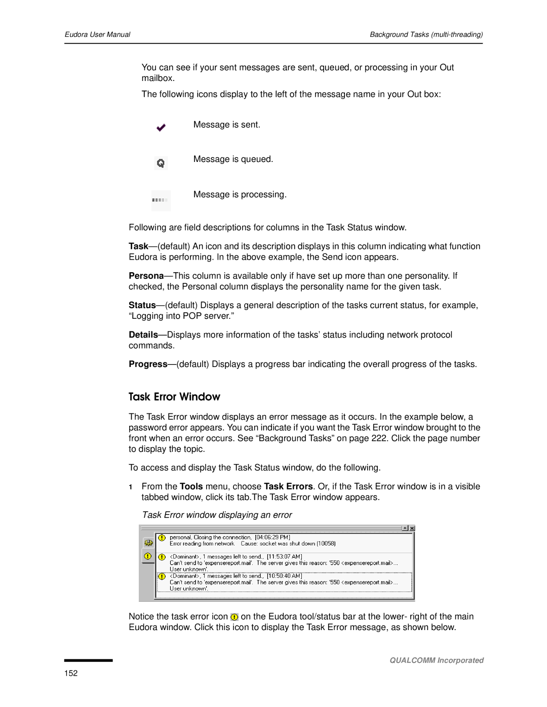 Qualcomm 4.3 user manual Task Error Window, Task Error window displaying an error 