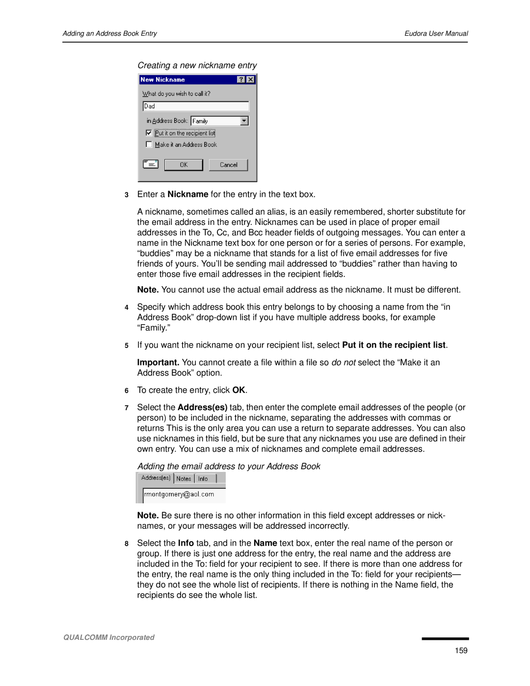 Qualcomm 4.3 user manual Creating a new nickname entry, Adding the email address to your Address Book 