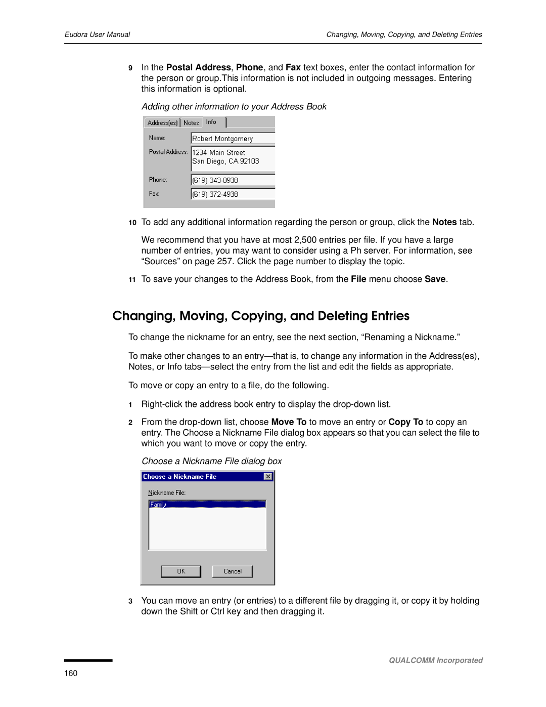 Qualcomm 4.3 user manual Changing, Moving, Copying, and Deleting Entries, Adding other information to your Address Book 