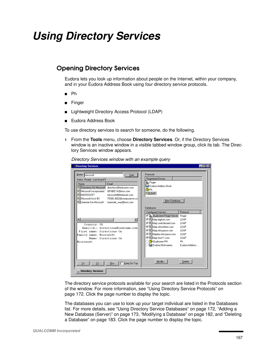 Qualcomm 4.3 Using Directory Services, Opening Directory Services, Directory Services window with an example query 