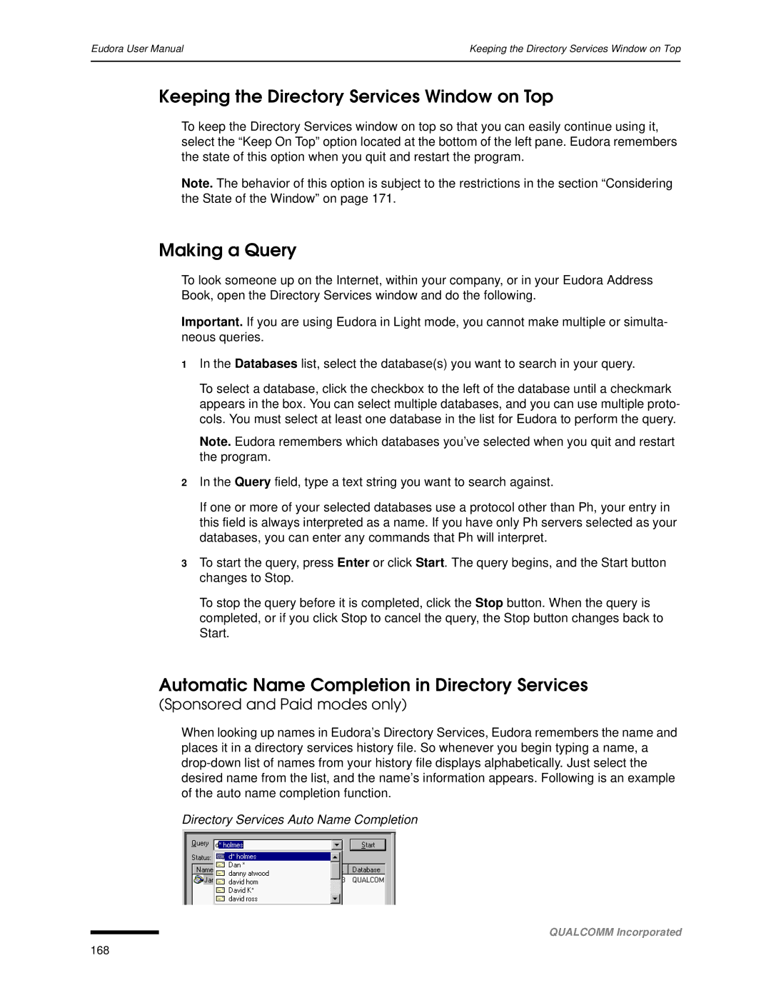 Qualcomm 4.3 Keeping the Directory Services Window on Top, Making a Query, Automatic Name Completion in Directory Services 