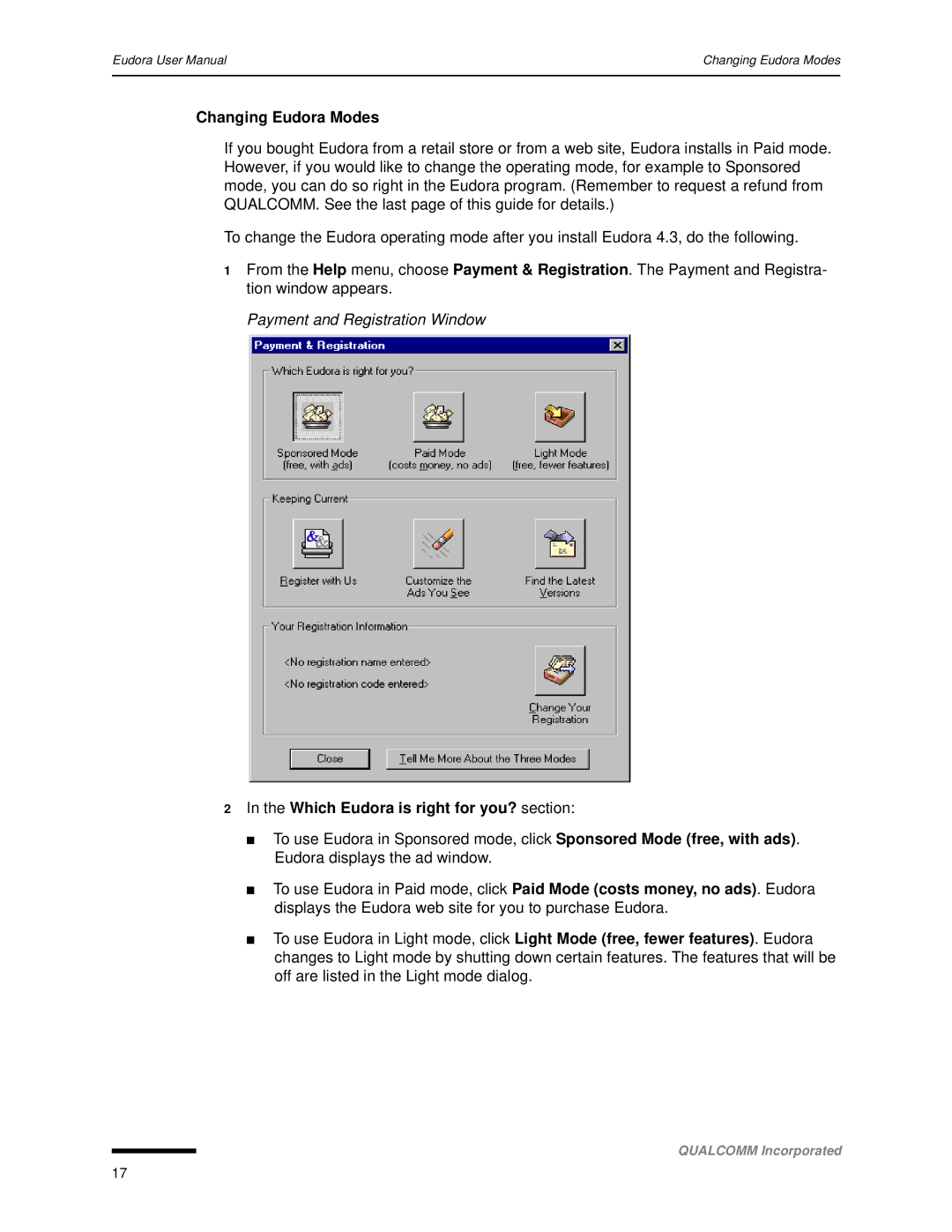 Qualcomm 4.3 user manual Changing Eudora Modes, Payment and Registration Window, Which Eudora is right for you? section 