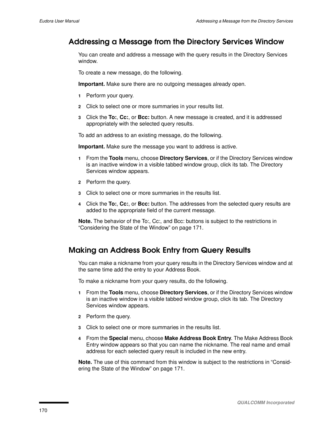 Qualcomm 4.3 Addressing a Message from the Directory Services Window, Making an Address Book Entry from Query Results 