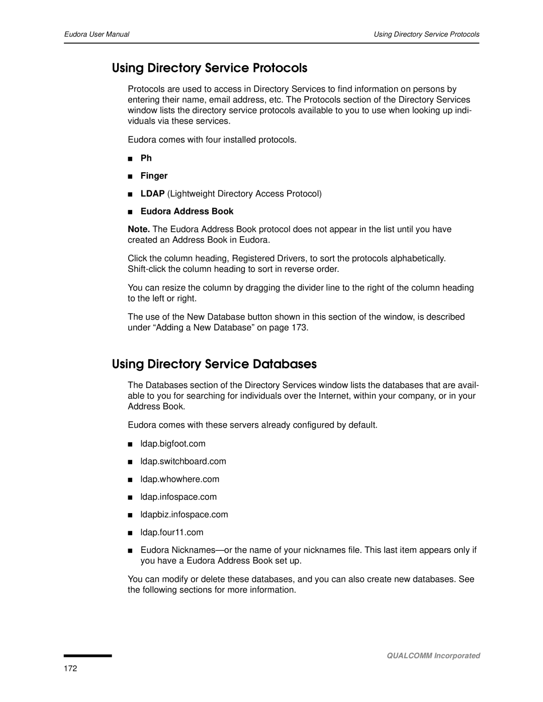 Qualcomm 4.3 user manual Using Directory Service Protocols, Using Directory Service Databases, Finger, Eudora Address Book 