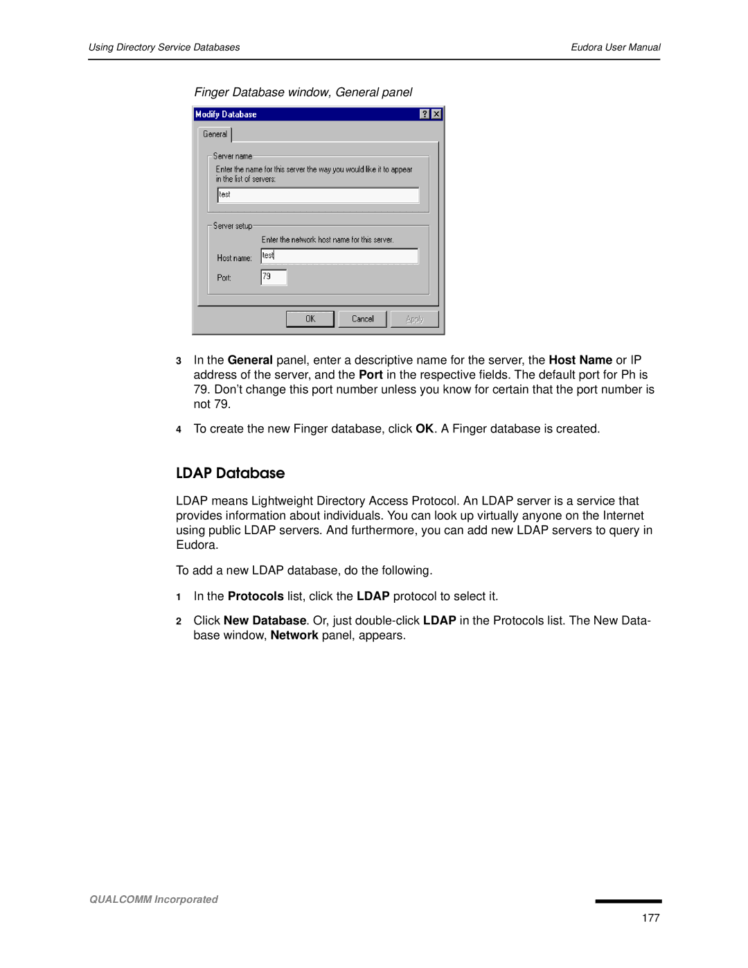 Qualcomm 4.3 user manual Ldap Database, Finger Database window, General panel 