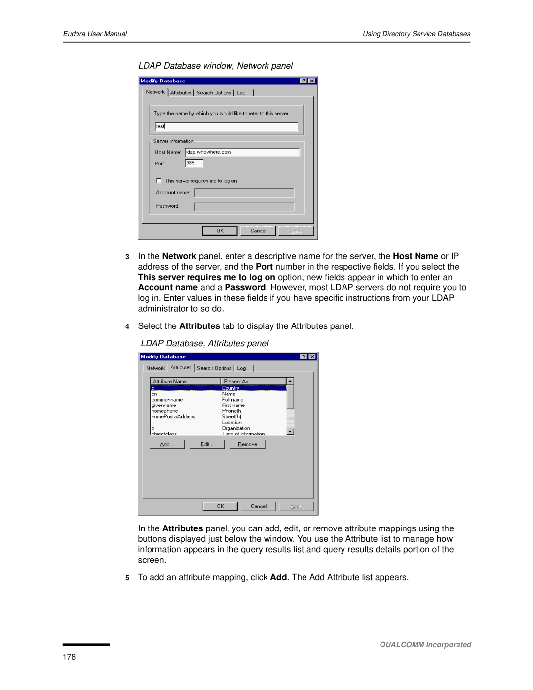 Qualcomm 4.3 user manual Ldap Database window, Network panel, Ldap Database, Attributes panel 