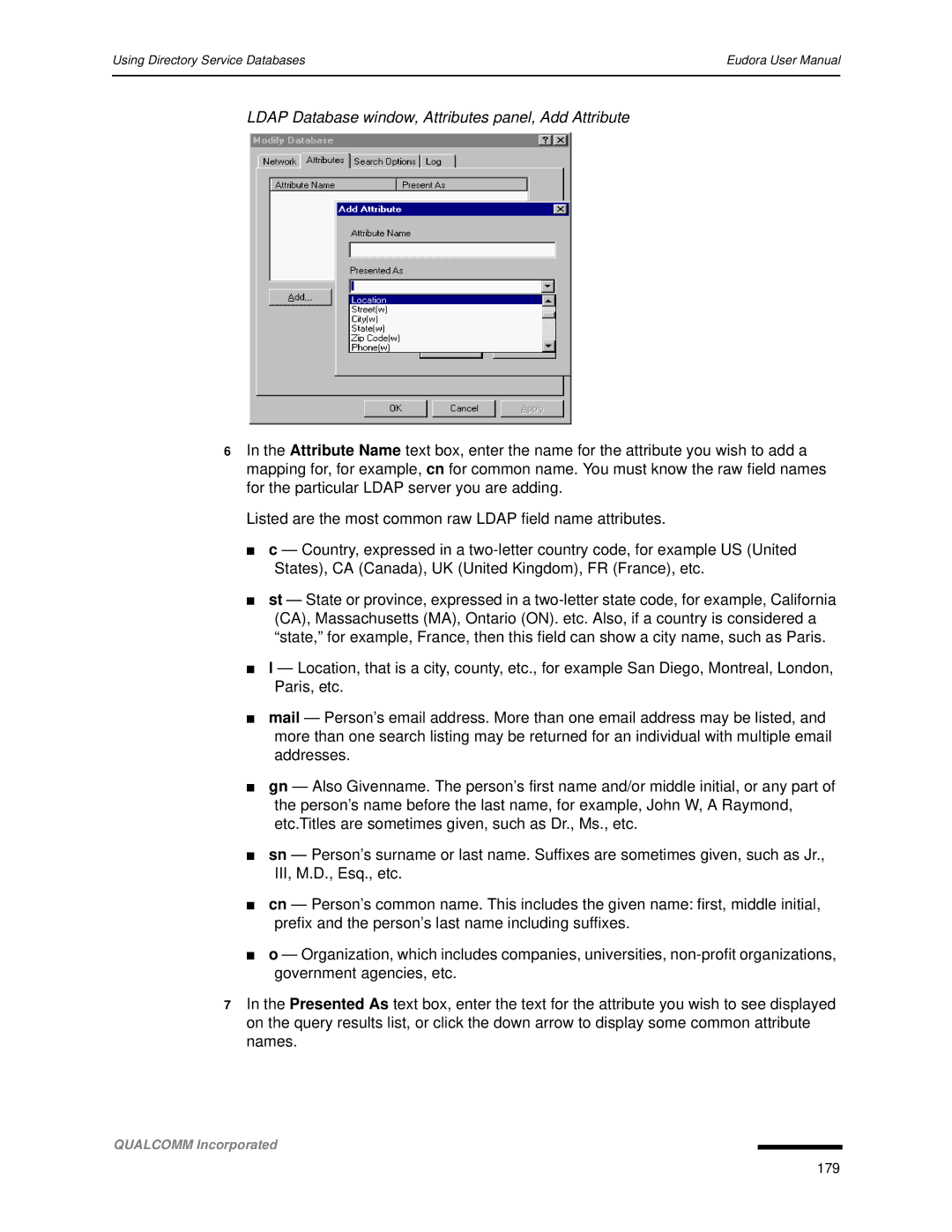 Qualcomm 4.3 user manual Ldap Database window, Attributes panel, Add Attribute 