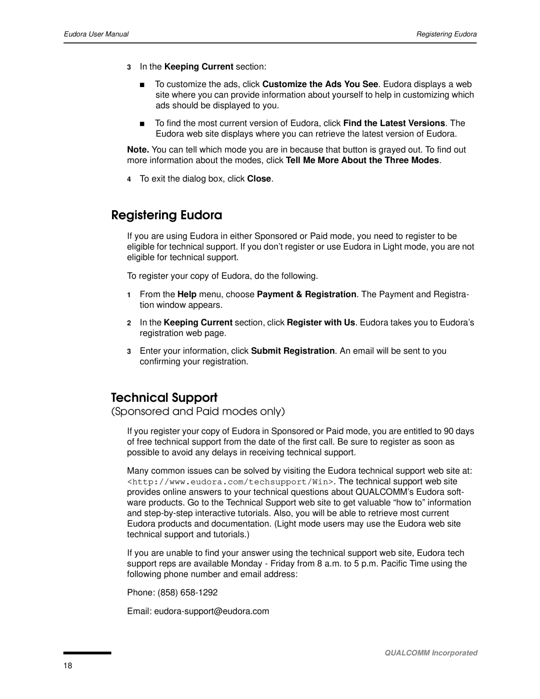 Qualcomm 4.3 user manual Registering Eudora, Technical Support, Sponsored and Paid modes only, Keeping Current section 