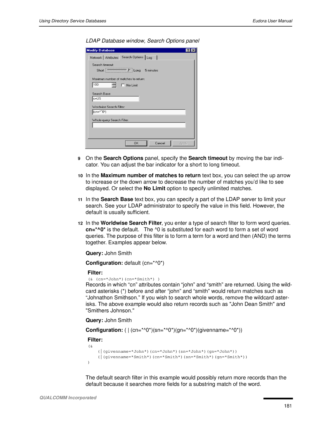 Qualcomm 4.3 user manual Ldap Database window, Search Options panel, Filter 