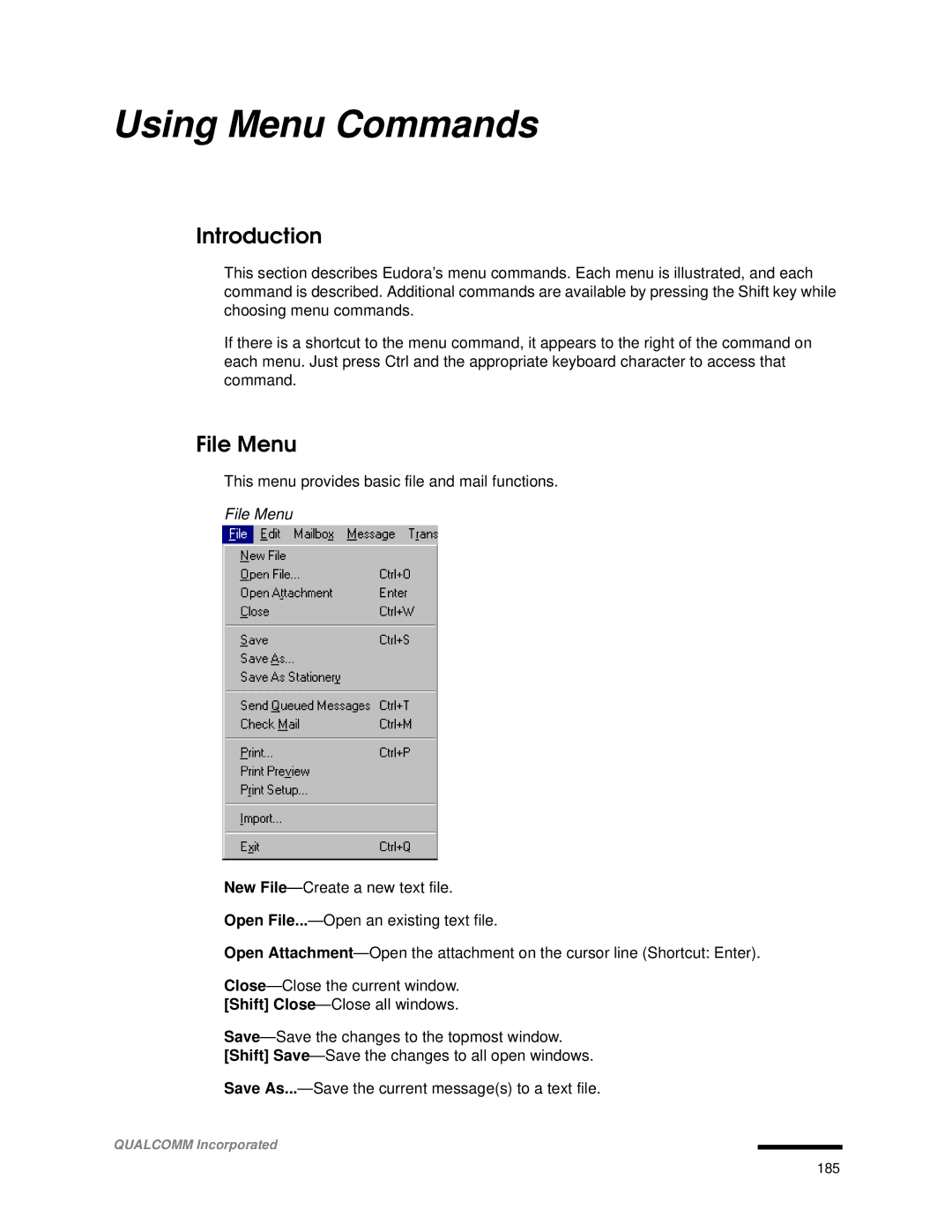 Qualcomm 4.3 user manual Using Menu Commands, Introduction, File Menu 