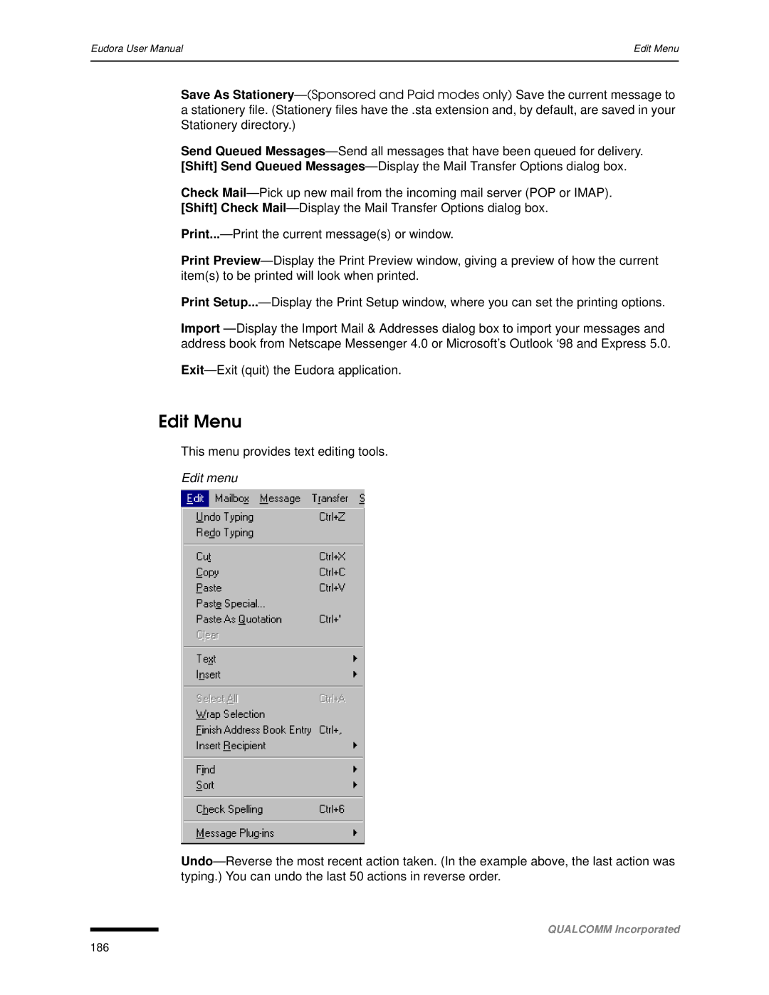 Qualcomm 4.3 user manual Edit Menu, Edit menu 