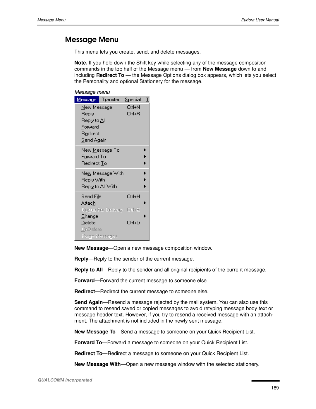 Qualcomm 4.3 user manual Message Menu, Message menu 