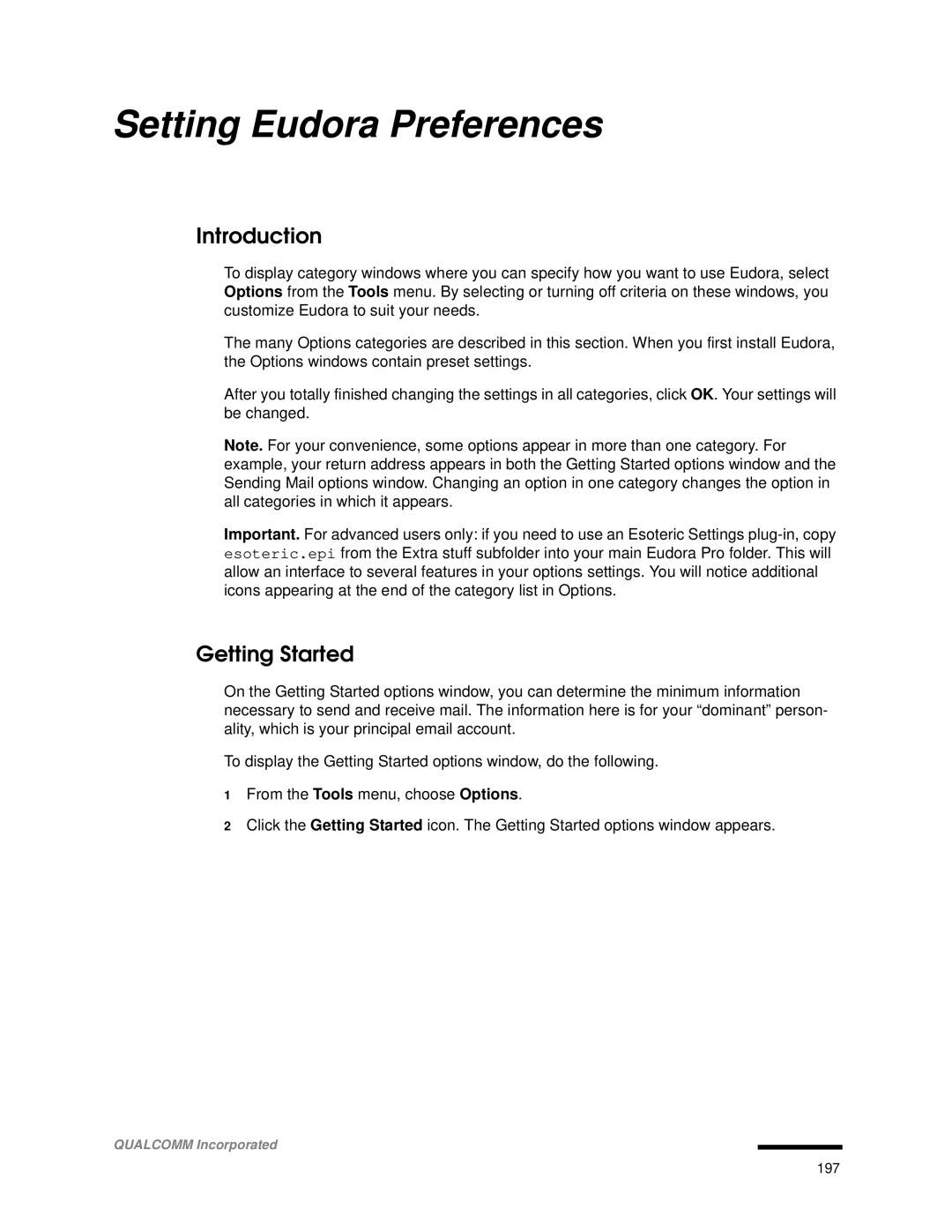 Qualcomm 4.3 user manual Setting Eudora Preferences, Getting Started 