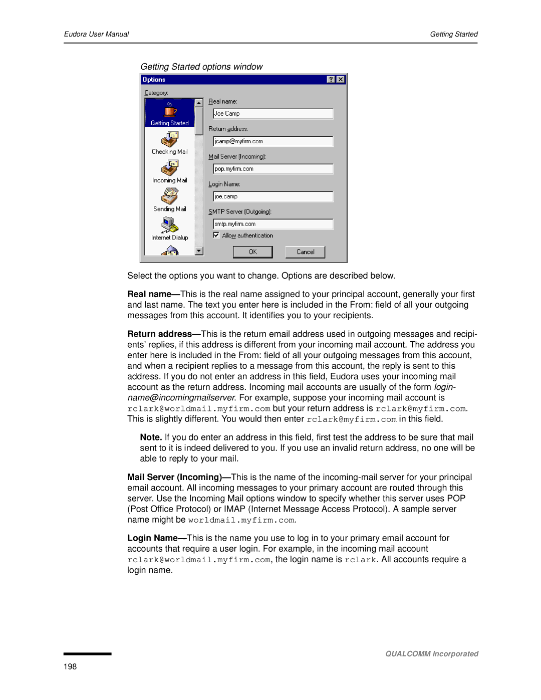 Qualcomm 4.3 user manual Getting Started options window 