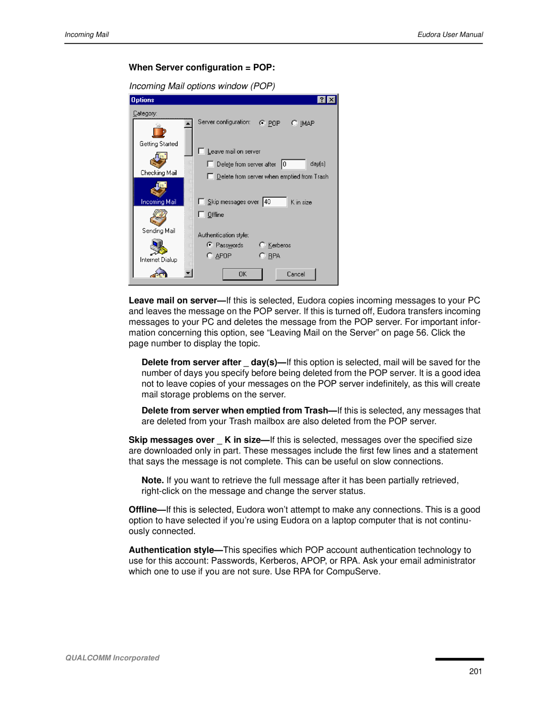 Qualcomm 4.3 user manual When Server configuration = POP, Incoming Mail options window POP 