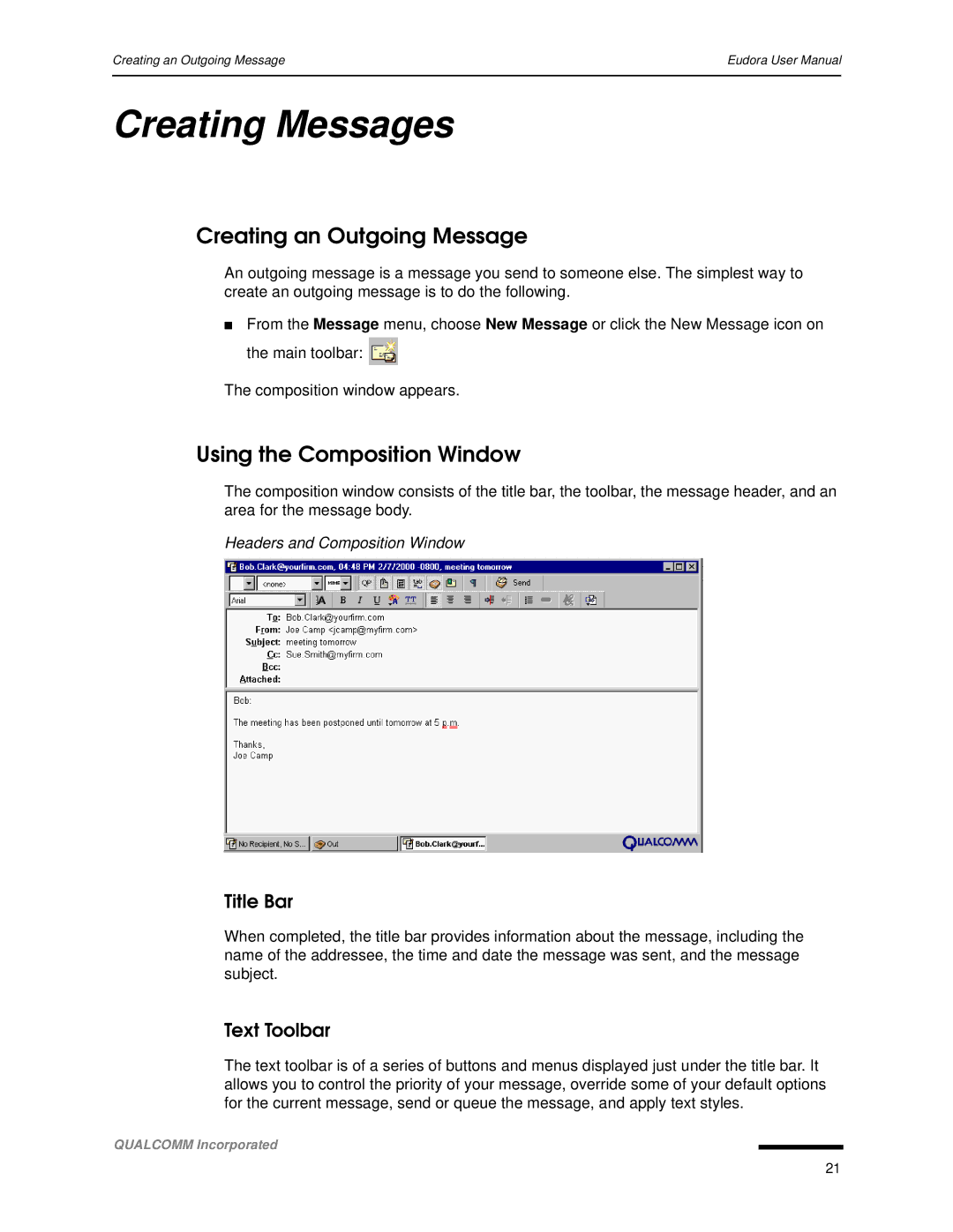 Qualcomm 4.3 Creating Messages, Creating an Outgoing Message, Using the Composition Window, Title Bar, Text Toolbar 