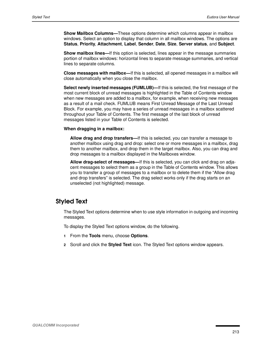 Qualcomm 4.3 user manual Styled Text, When dragging in a mailbox 