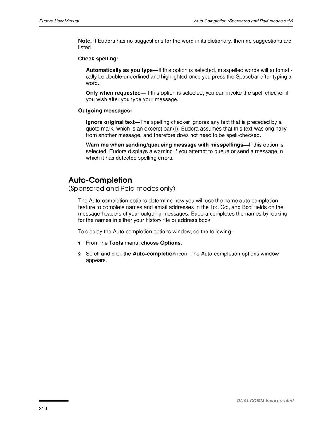 Qualcomm 4.3 user manual Auto-Completion, Check spelling, Outgoing messages 